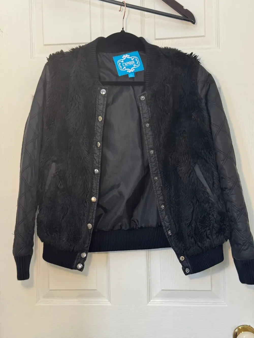 L’Amour by Nanette Lepore Girls Quilted Faux Fur Bomber Jacket Black